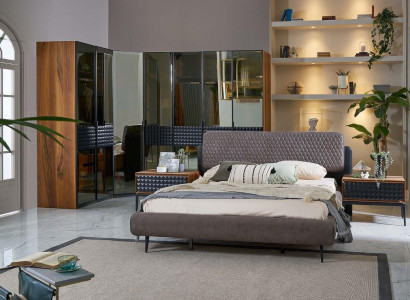 Bed Design Bedroom Double Bed Brown Wood Bed Frame Set 4-piece